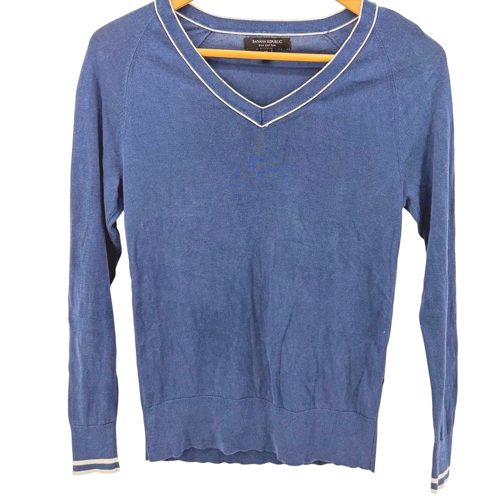 Vintage Y2K Banana Republic Silk Cotton Coastal Blue‎ Varsity V-Neck Sweater XS